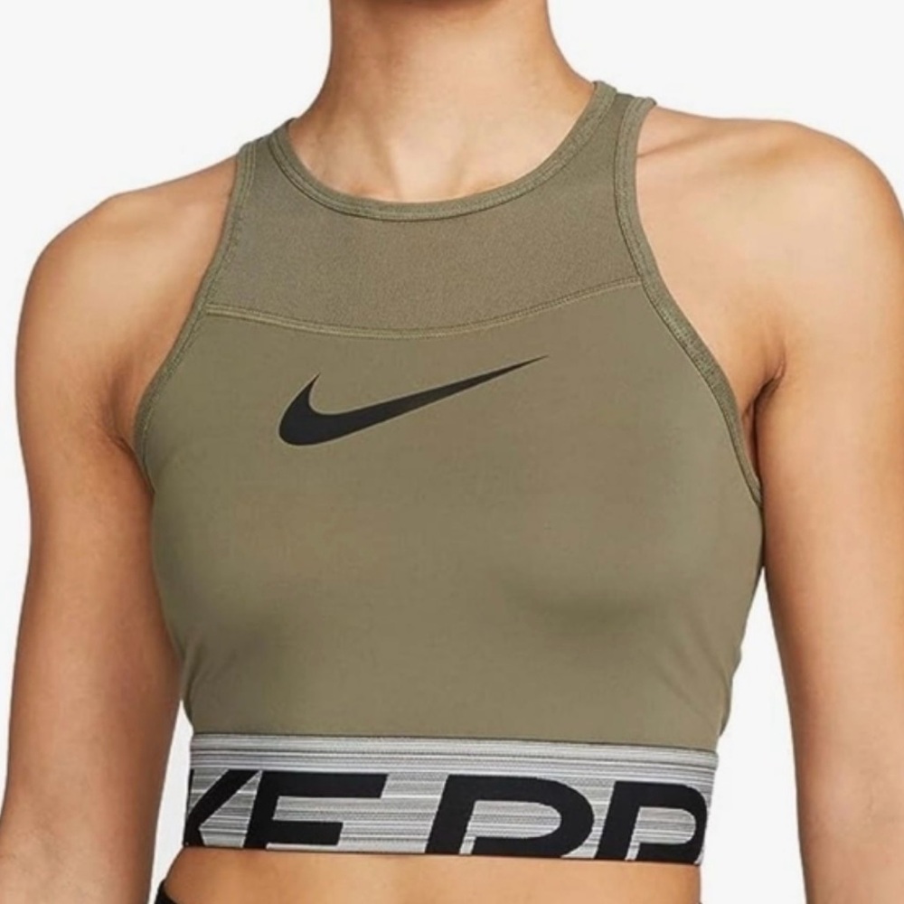 Olive Green Sports Tank Womens-Nike Pro Graphic Cropped Athletic Training Tank - Picture 1 of 6